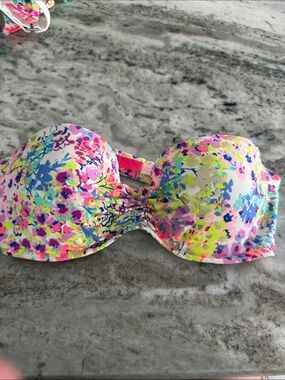 Colorful Floral Strapless Bikini Top - Neon Multi 34B